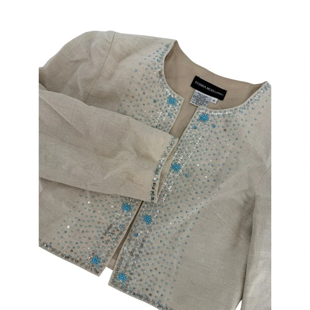 Donna Morgan Linen Beaded Sequin Cropped‎ Jacket  Turquoise Retro Chic Artisanal